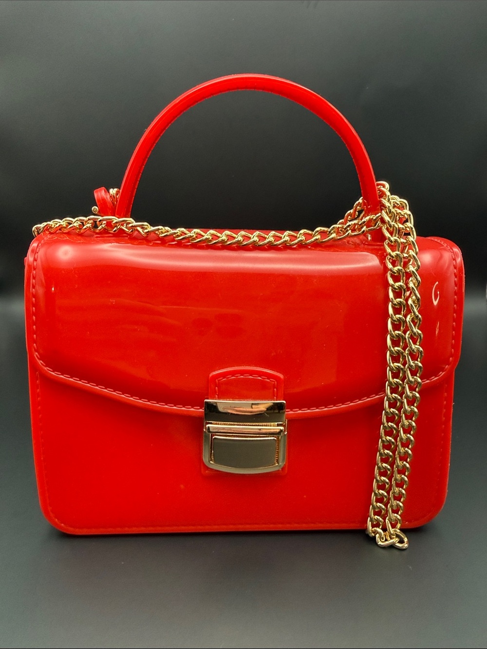 Bright Red PVC Jelly Mini Bag Purse Gold Chain Crossbody Top Handle